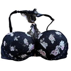 Pink Victoria Secret Date Push Up Bra Lace Racerback Underwired Floral Black 32C